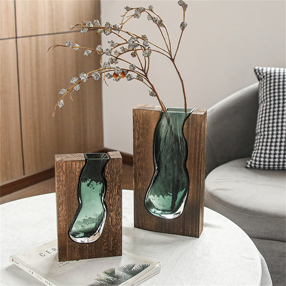 Luxury Vase Wooden Green Glass Inside