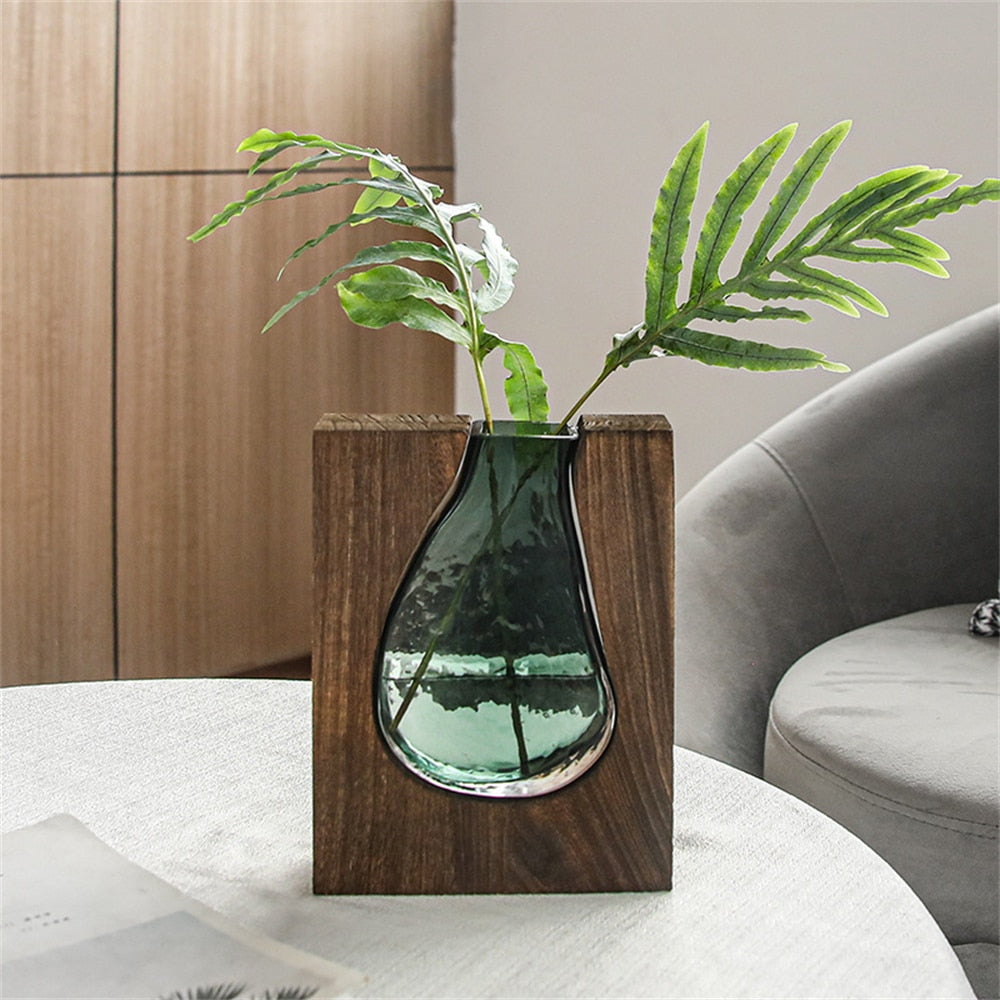 Luxury Vase Wooden Green Glass Inside