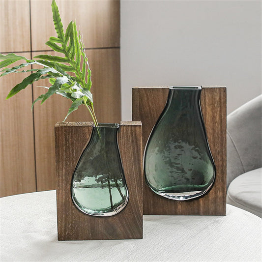 Luxury Vase Wooden Green Glass Inside