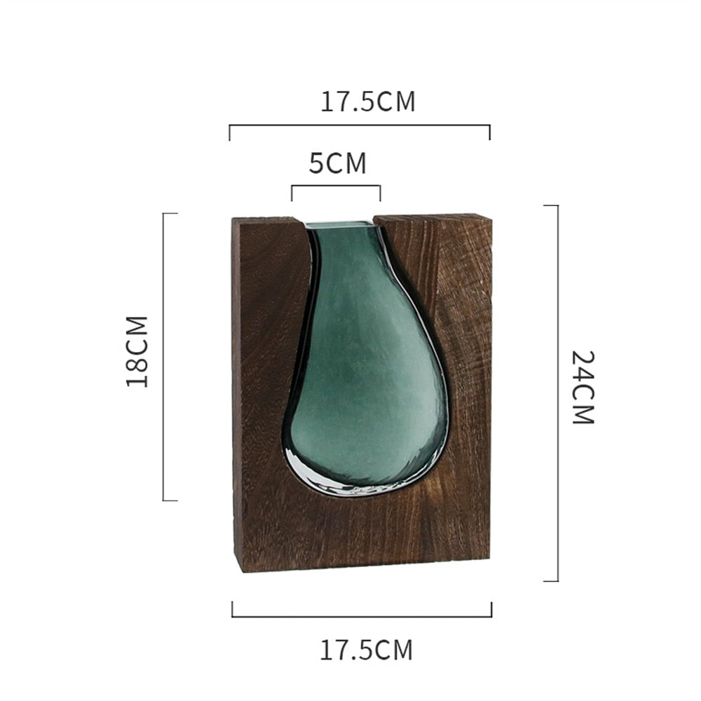 Luxury Vase Wooden Green Glass Inside