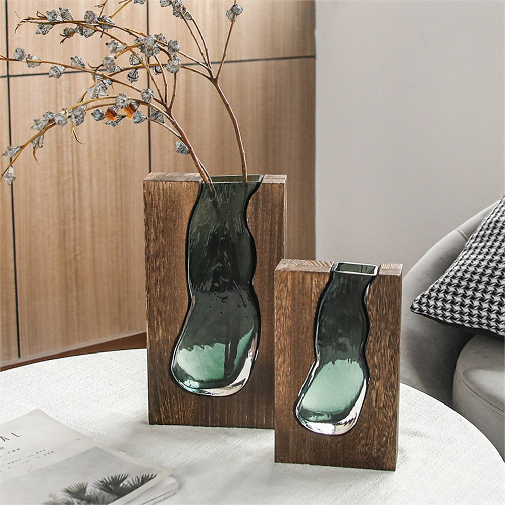 Luxury Vase Wooden Green Glass Inside