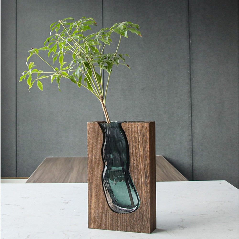 Luxury Vase Wooden Green Glass Inside